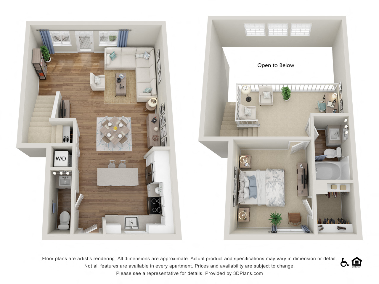 Floor plan for 1 bed, 1.5 baths, 991 sqft